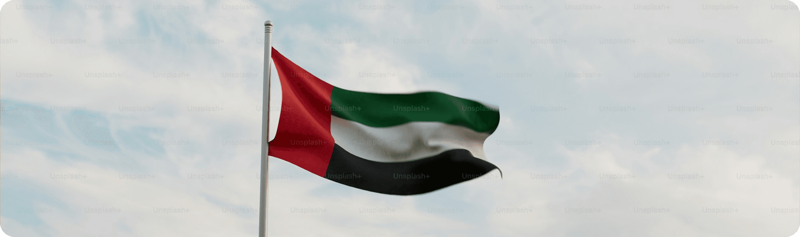 The United Arab Emirates flag waving against a cloudy blue sky.